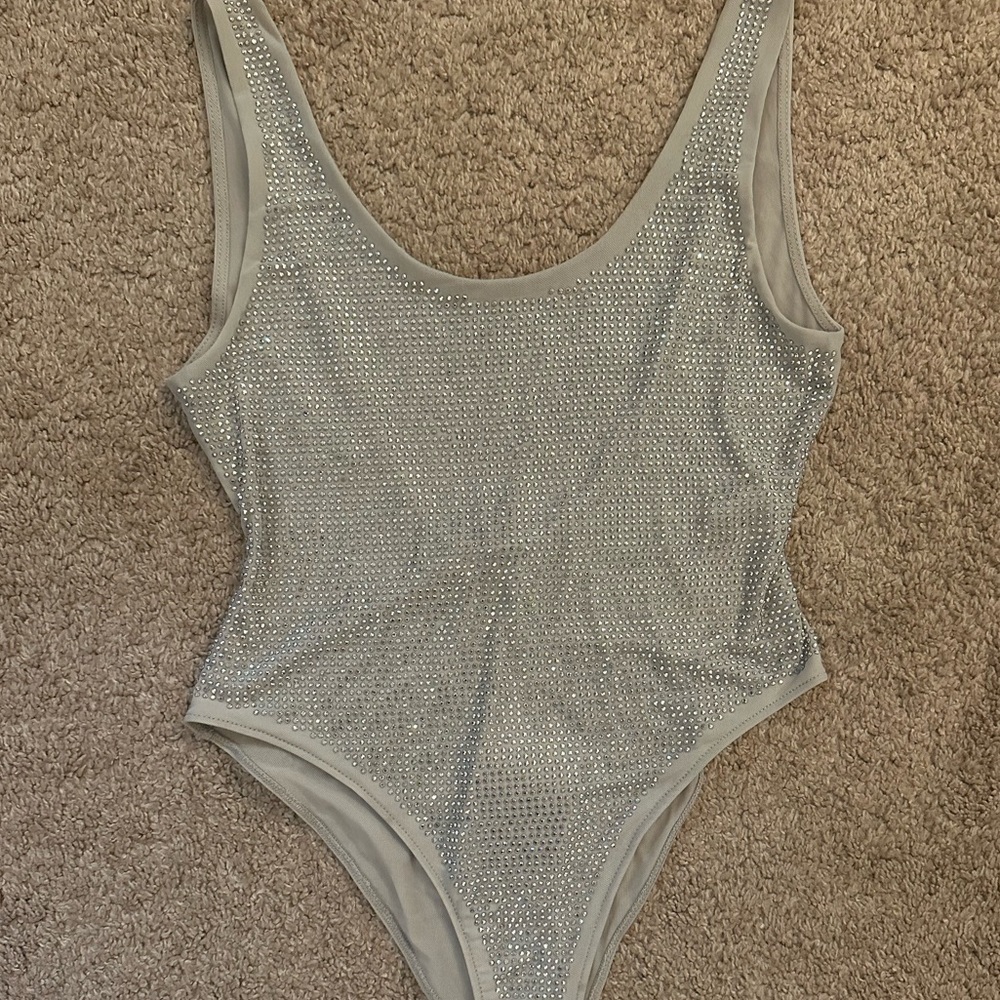 Zara Silver Rhinestone Scoop Neck Bodysuit